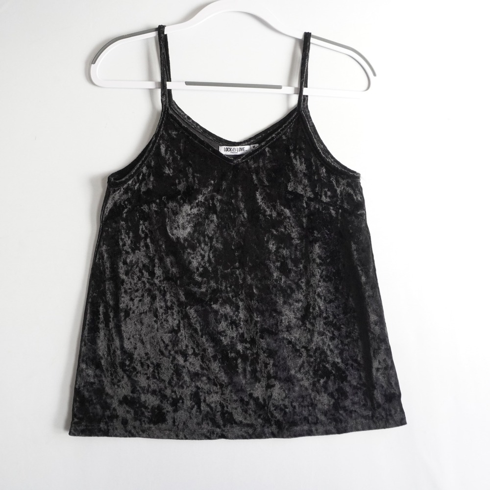 Lock & Love Black Crushed Velvet V-Neck‎ Camisole Spaghetti Strap Top Medium USA